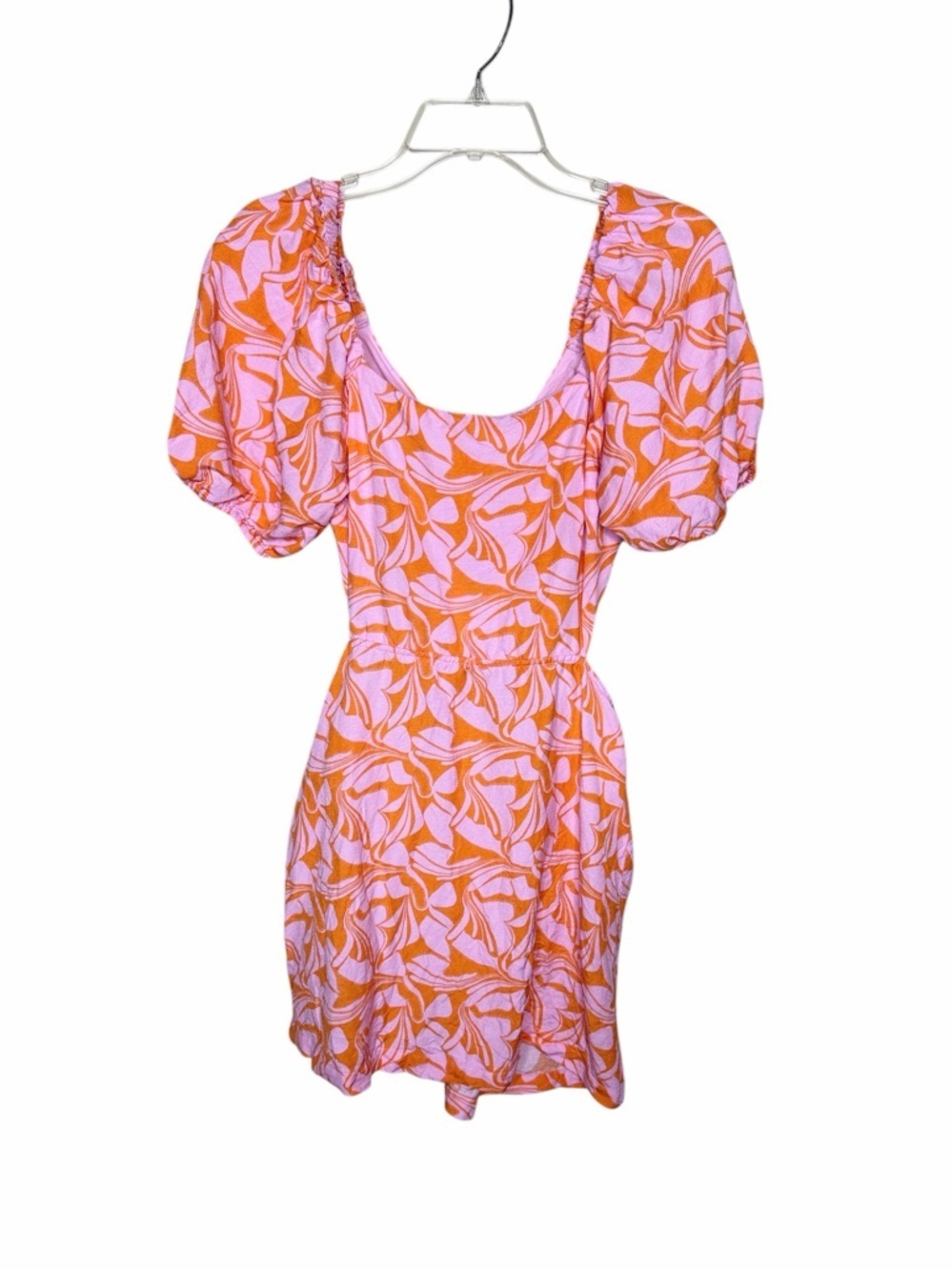 Loft Beach Linen Pink & Orange Floral Puff-Sleeve Mini Dress